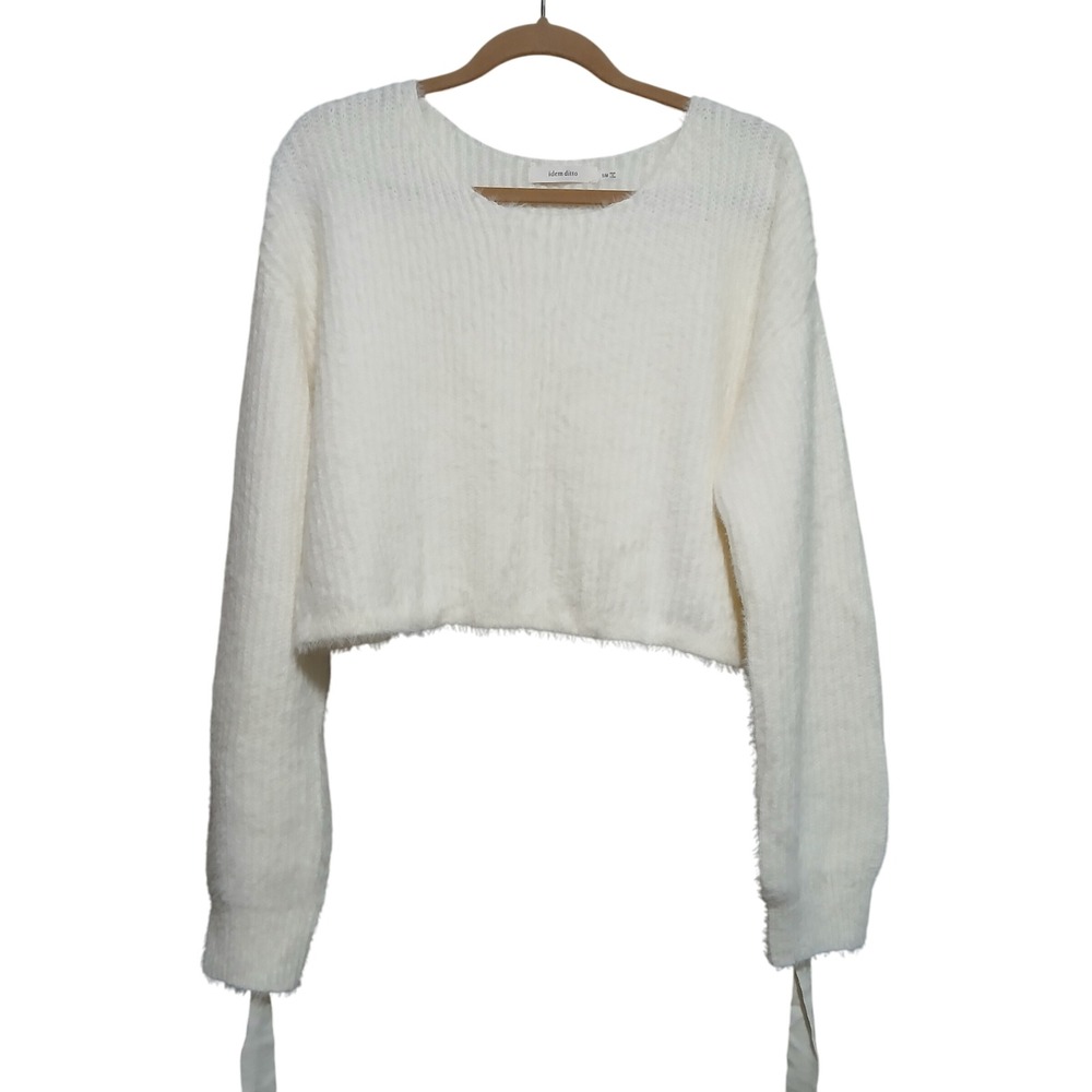 Idem Ditto Cream Fuzzy Knit Cropped Sweater‎ S/M Pullover Tie Sleeve Trendy Soft